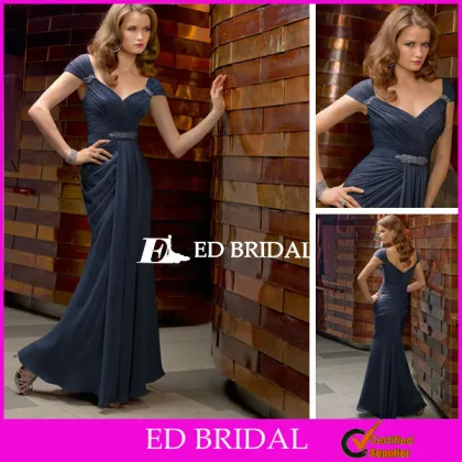 V Neck Cap Sleeves Ruched Bodice Beaded Belt Formal Evening Dress for Mom