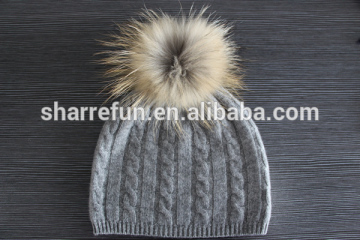 factory wholesale cable knit women cashmere hats with raccoon fur pom pom
