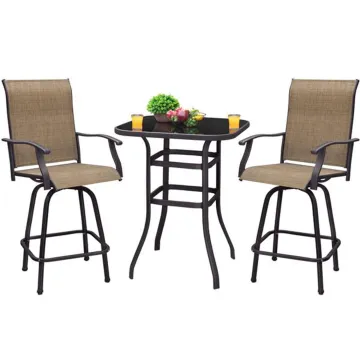 Outdoor Furniture 3-Piece Bistro Set: Square Glass Bar Table and Swivel Bar Chairs