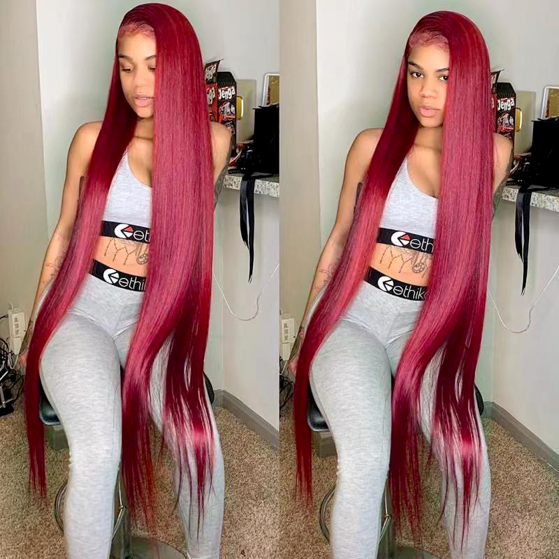 ʻO ka lōʻihi o ka burgundy Red 13x4 Lace Front Dark Will Wiggs 99j Colored GLueless GLLerless pololei HD CHAZILIAN WIG CHARS mua ma mua o 180%