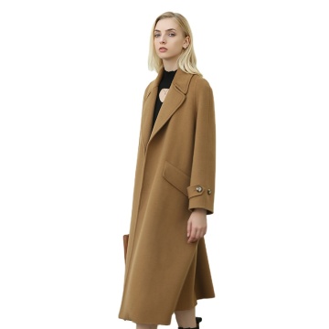 Langes Kamel -Handmantel mit verbundenem Wollmantel - Wehrbrecherjacke für Frauen 100% Grabenwolle Stoff