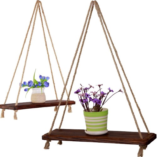 Set Of 2 Wood Wall Hanging Rope Shelves