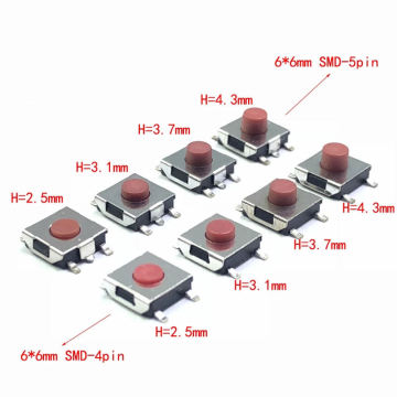 6x6 SMD Tact Switch 4/5 Pin 2.5/3.1/3.7/4.3mm Red Push Button Micro Switch