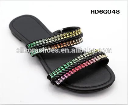 New Style diamond black & white women PU shoes ,lady slide flat straps flipflops