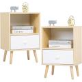 Set of 2 Modern Wood Nightstands with Drawer, Open Shelf and Solid Wood Legs, End Table for Living Room Bedroom Home Furniture