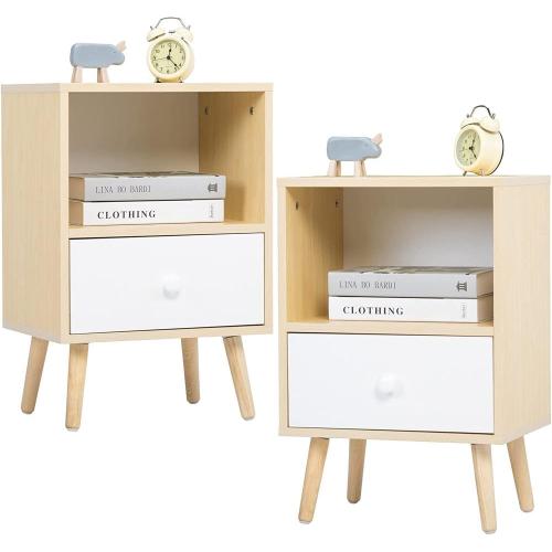 Set of 2 Modern Wood Nightstands with Drawer, Open Shelf and Solid Wood Legs, End Table for Living Room Bedroom Home Furniture