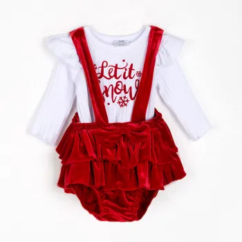 Let it Snow Print White Ribbed Top & Burgundy Velvet Suspenders Set - In Stock for Kids, Toddler, and Baby Girl Winter and Fall Clothing