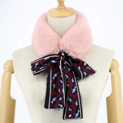 Winter Leopard Printed Streamers Silk Scarf Women Soft Faux Rabbit Fur Collar Scarves Shawls Elegant Fashion Women Scarf