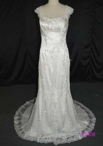 wedding dress cap sleeves mermaid satin with lace backless dress