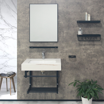Modern Simple Black Aluminum Framed Mirrors and White Stone Wall-Mounted Floating Bathroom Vanities Cabinets: Stylish Storage Solutions for Your Bath Space