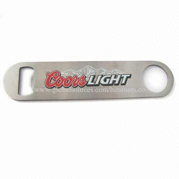 7-inch bar blade bottle opener, 4cm width, 2mm thickness, imprinted and etched logo
