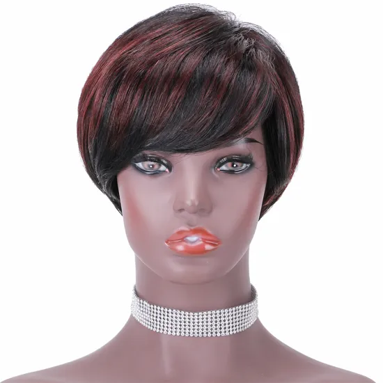 Wholesale Ombre red Color Wigs Pixie Cut Human Hair Wigs Cute Brazilian Short Black and Burgundy Layered Wavy Wigs for Women