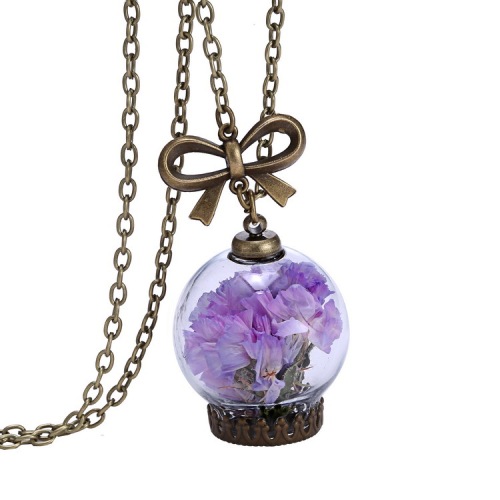Purple dried flower necklace, botanical petal pendant, botanical jewellery Glass terrarium necklace