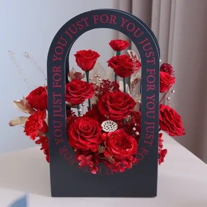 Mom's Pink Forever Rose Flower Basket - Natural Preserved Rose Gift