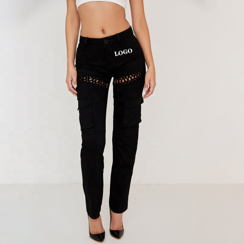 Black Lace Up Damen Cargo Pants Custom