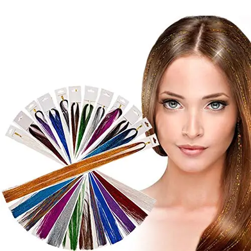 Hair Tinsel Clips Strands Glitter Hair Extensions Rainbow Gradient Pure Color Hair Fashion Party Highlights Heat Resistant