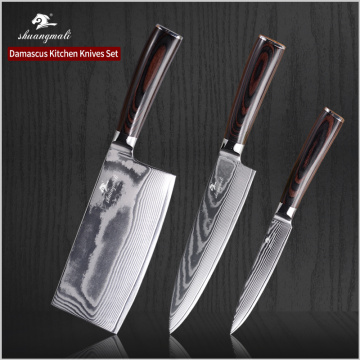 3PCS Chef Cleaver Vegetable Kitchen Knife Set Damascus Steel Cooking Chef Knives Fruit Chinese Cleaver Slicing Kitchen Knives