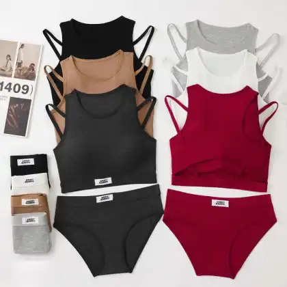 French Sexy Triangle Cup Wireless Cotton Sports Bra Set