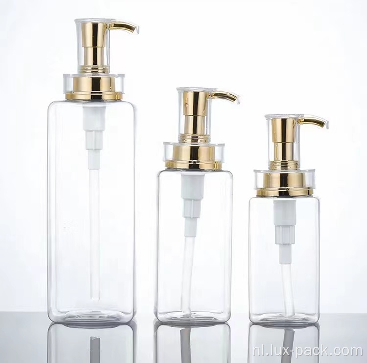 Factory Luxury Gold Cosmetic Pump 500 ml Aangepaste lege vierkante Pet Plastic Shampoo -fles