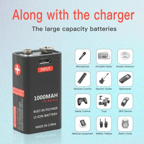 Rechargeable li-ion 9V USB battery 1000mah