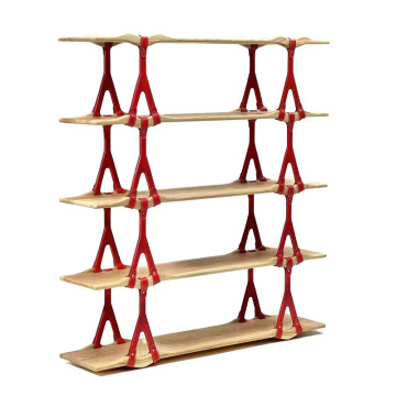 Customizable Multi-Tier Wave Bookshelf in Ash Wood with Saddle Leather
