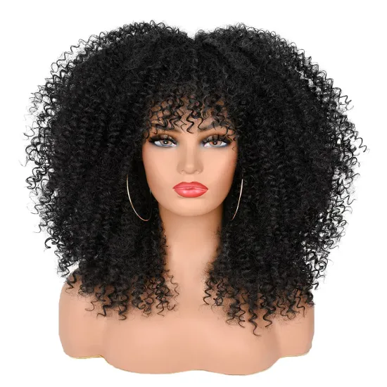 Wholesale Black Curly Wigs for Black Women Afro Curly Wigs with Bangs 14 Inch Afro Kinky Loose Curly Wave Synthetic Hair Wigs
