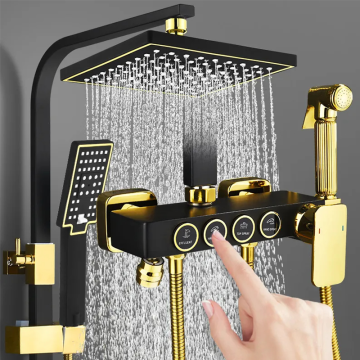Modern Brass Black Bathroom Shower Set with Curtains and Piano Key Shower Head