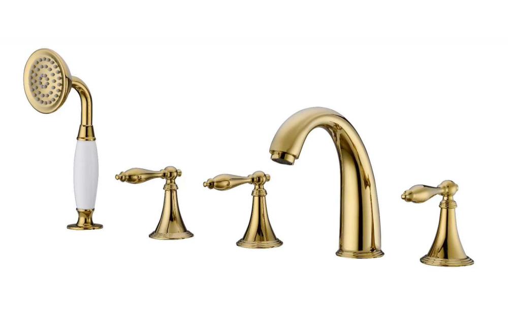 European Classic Deck Mount 5 Hole Antique Faucet Brass Golden Bathtub torneiras com chuveiro spray