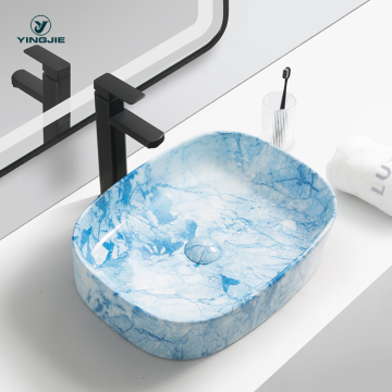 Chaozhou OEM Art Basin Abstract Marble Texture Blue Watercolor Bathroom Ceramic Sinks