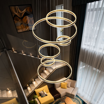 Indoor High Ceiling LED Chandelier for Villa Hotel Staircase - Aluminum Round Ring Chandeliers