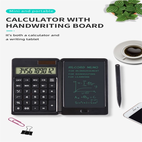 Calculadora preta multifuncional com bloco de notas