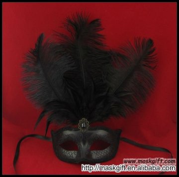 Venetian classic style solid color black glitter ostrich feathered carnival party masks