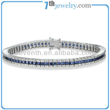 Square Blue Sapphire CZ Diamond Prong Set Brass Daimond Tennis Bracelet With Rhodium Plating