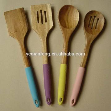 Wood Utensils 4-Pieces Set, Made of Acacia wood with Silicone sleeve Handle