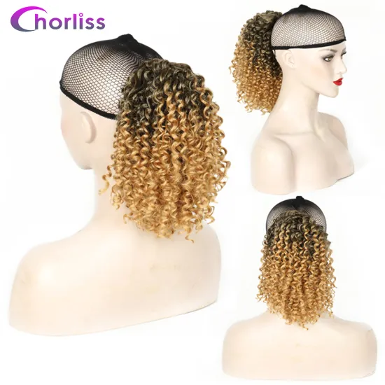 Black Blonde Ombre Afro Kinky Curly Drawstring Chignon Hairpieces Ponytail Hair Clip in Extensions Hairpieces For Black Women