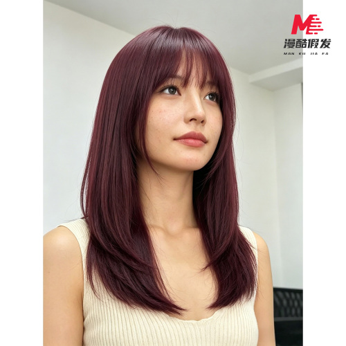 Stylish Red-Violet Wig with Natural Bangs 4