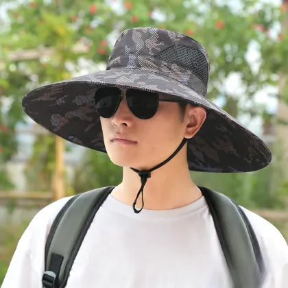 H12 Large Brim Anti-UV Fishing Hat for Middle-aged and Elderly - Camouflage Mountaineering Sunshade Bucket Hat