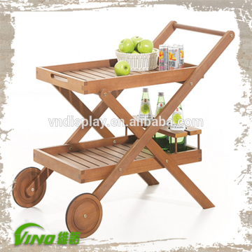 2-Layer Folding Natural Wood Cart Rack Display Rolling Rack