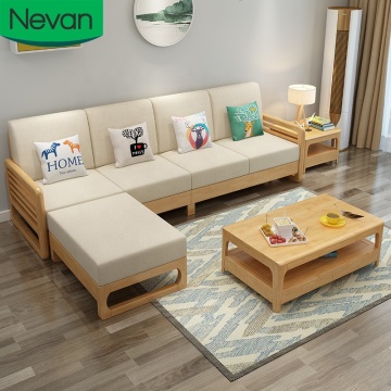 Modern Solid Wood Frame Fabric Sectional Wooden Sofa Set