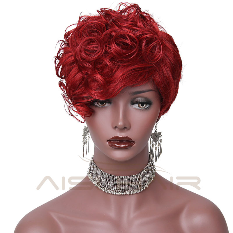 The Best Selling Cosplay Short Curly Wigs For Black Women Synthetic Wine Red Color Fiber High Temperature Wig With Bangs