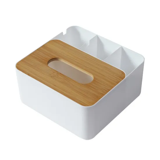Multi-Functional Bamboo Tissue Box with Phone Holder and Storage Compartments