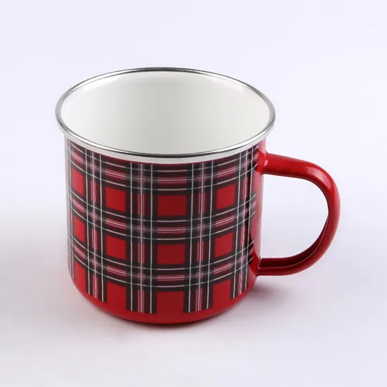 European Market All-Over Design Enamel Coffee Mug with Grid Lines Pattern