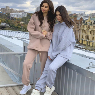 Fashion big pocket thin velvet solid color hoodie sets women 2 piece set women clothing