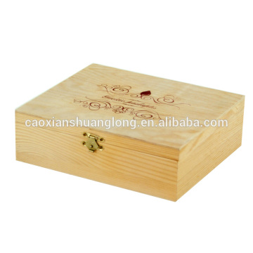 Hinged pine wooden box with printing logo on lid