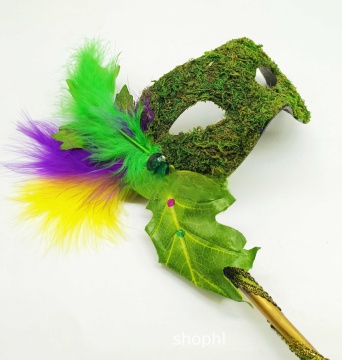 Gold Green Purple Feather Mask with Hand-held Handle for Fat Tuesday Carnival