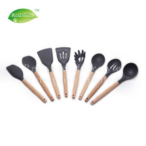 Utensílios da cozinha do silicone da madeira de faia com suporte