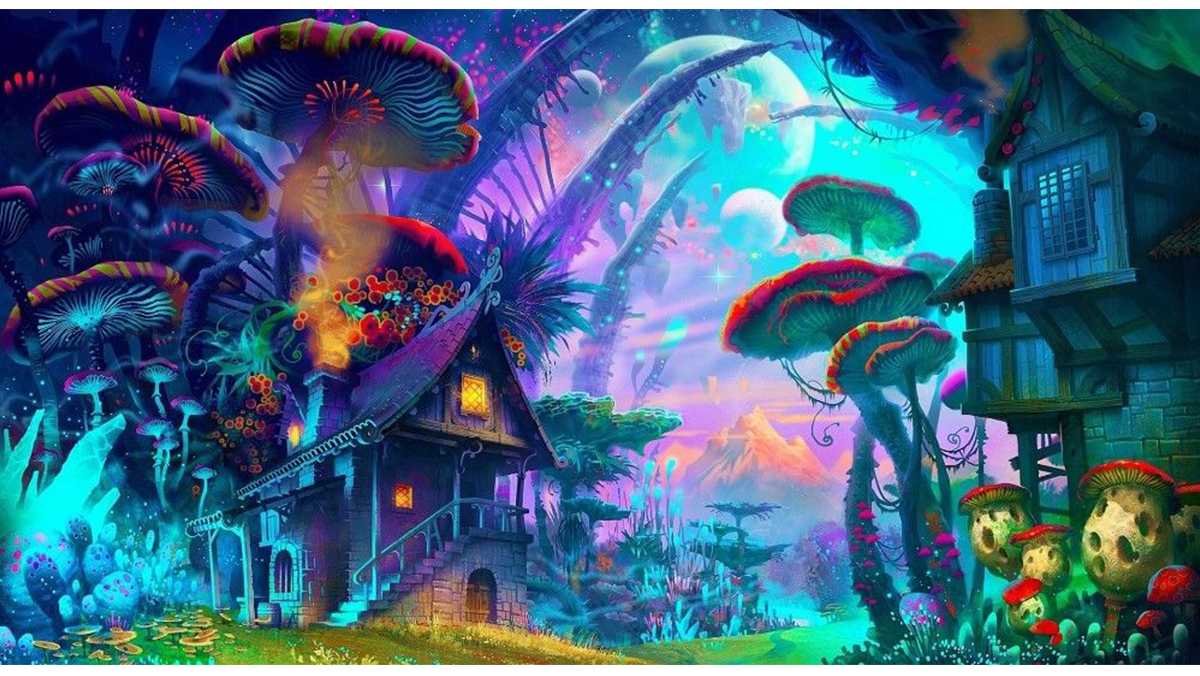 90x60cm Psychedelic Mushroom Town Poster Wall Art Pictures Painting Living Room Bedroom Wall Home Decrorations