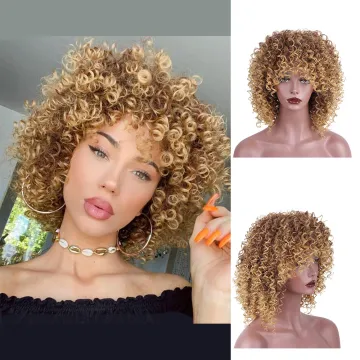 Vigorous Short High Quality Ombre Brown Blonde Bob Curly Wig With Bang Cheap Black Women Wavy Heat Resistant Synthetic Hair Wigs