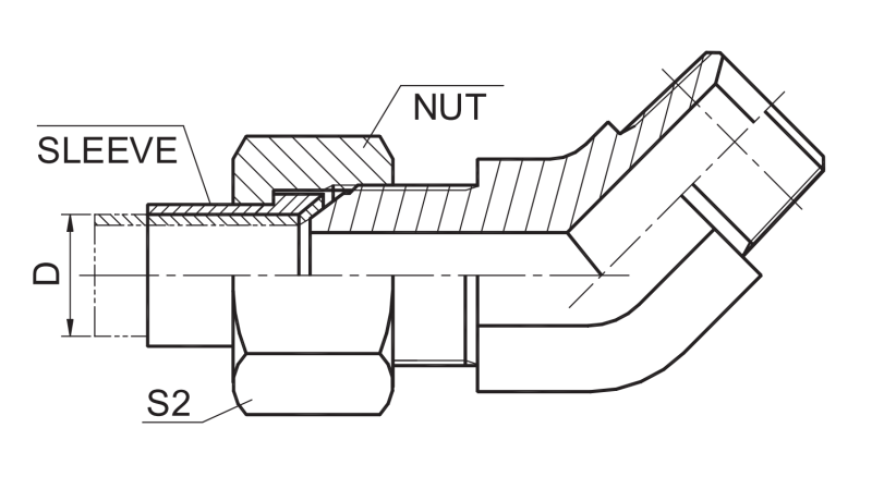 45 Elbow Metric Male 74 Cone Npt Male Hydraulic Adapters Sleeve Nut Drawing