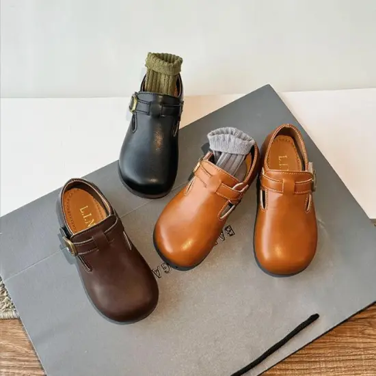 New Retro Girls' Soft-Soled Beanie Shoes & Boys' Single PU Leather Slip-On Shoes